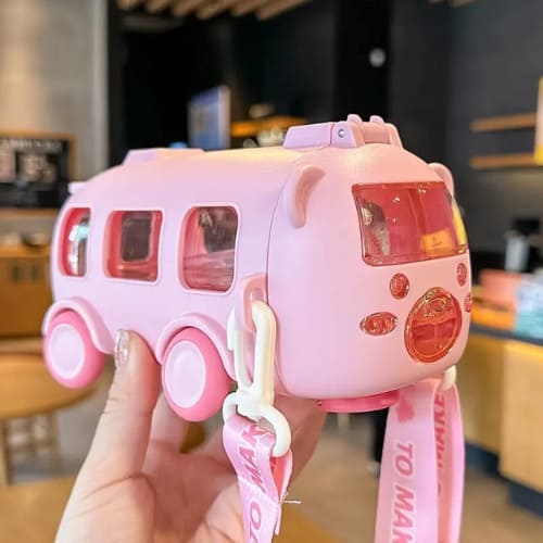 Kids Bus Water Bottle with Straw – 500ml Leakproof Sipper - Colour Pink