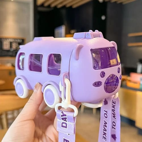 Kids Bus Water Bottle with Straw – 500ml Leakproof Sipper - Colour Purple