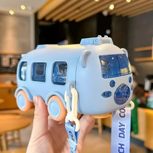 Kids Bus Water Bottle with Straw – 500ml Leakproof Sipper - Colour Blue