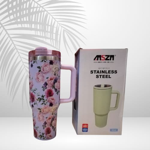 Floral-patterned travel mug with a box labeled 'Stainless Steel' on a white background