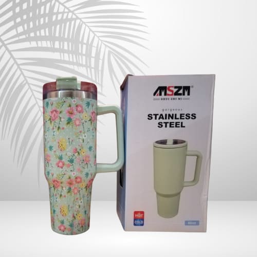Floral-patterned travel mug with a box labeled 'AMSZM Stainless Steel' on a white background.
