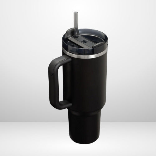 Black travel mug with handle and straw lid