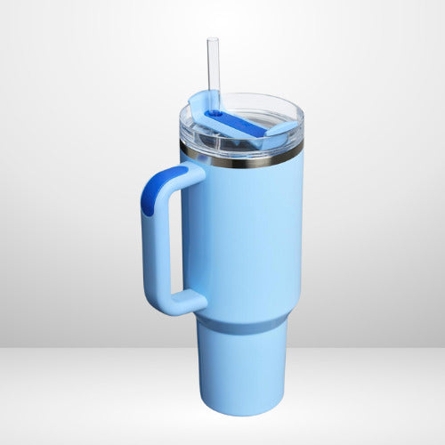 Blue tumbler with handle and straw