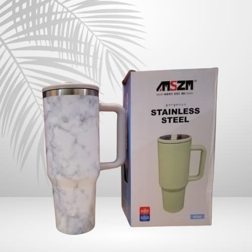 Flow State Tumbler 40oz with Reusable Straw | Insulated Stainless Steel | White Marble Design