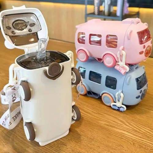 Kids Bus Water Bottle with Straw – 500ml Leakproof Sipper - Colour Purple