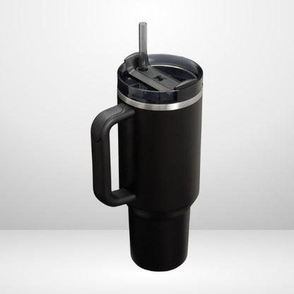 Black travel mug with handle and straw lid