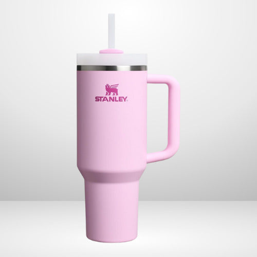 Pink Stanley tumbler with a straw 