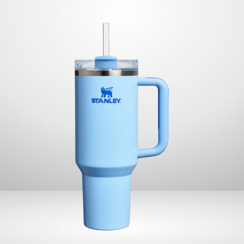 Blue Stanley tumbler with a straw