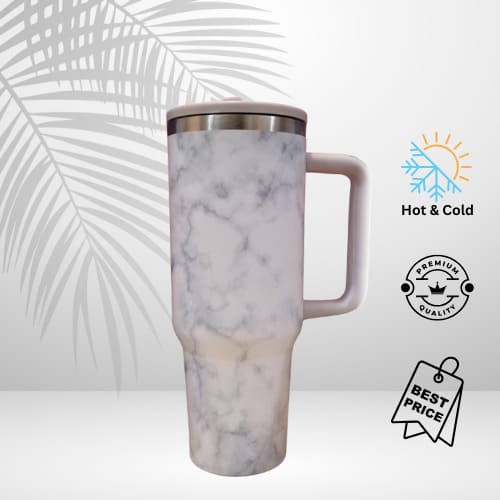 Flow State Tumbler 40oz with Reusable Straw | Insulated Stainless Steel | White Marble Design